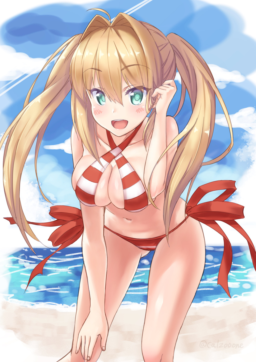 1girl, :d, absurdres, ahoge, beach, bent_over, bikini, blonde_hair