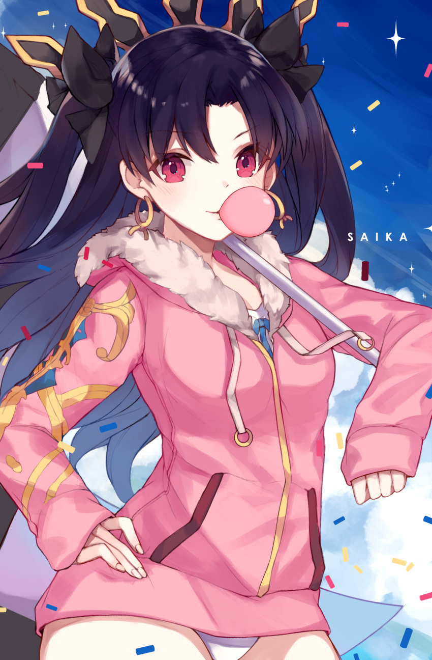 1girl, artist_name, black_bow, black_hair, blush, bow, chewing_gum, earrings