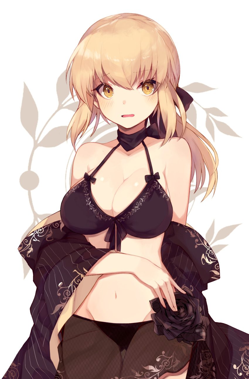 1girl, artoria_pendragon_(all), black_bra, black_panties, black_ribbon, black_rose, blonde_hair, blush