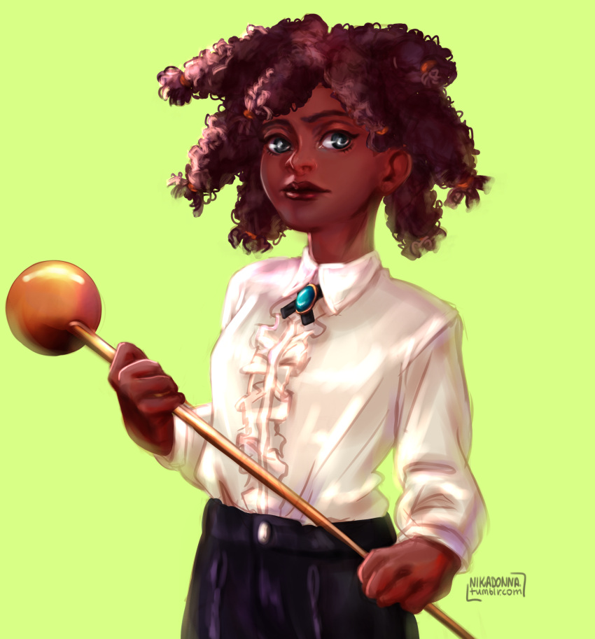 1girl, absurdres, artist_name, canary_(hunter_x_hunter), dark_skin, dress_shirt, grey_eyes, hair_tie