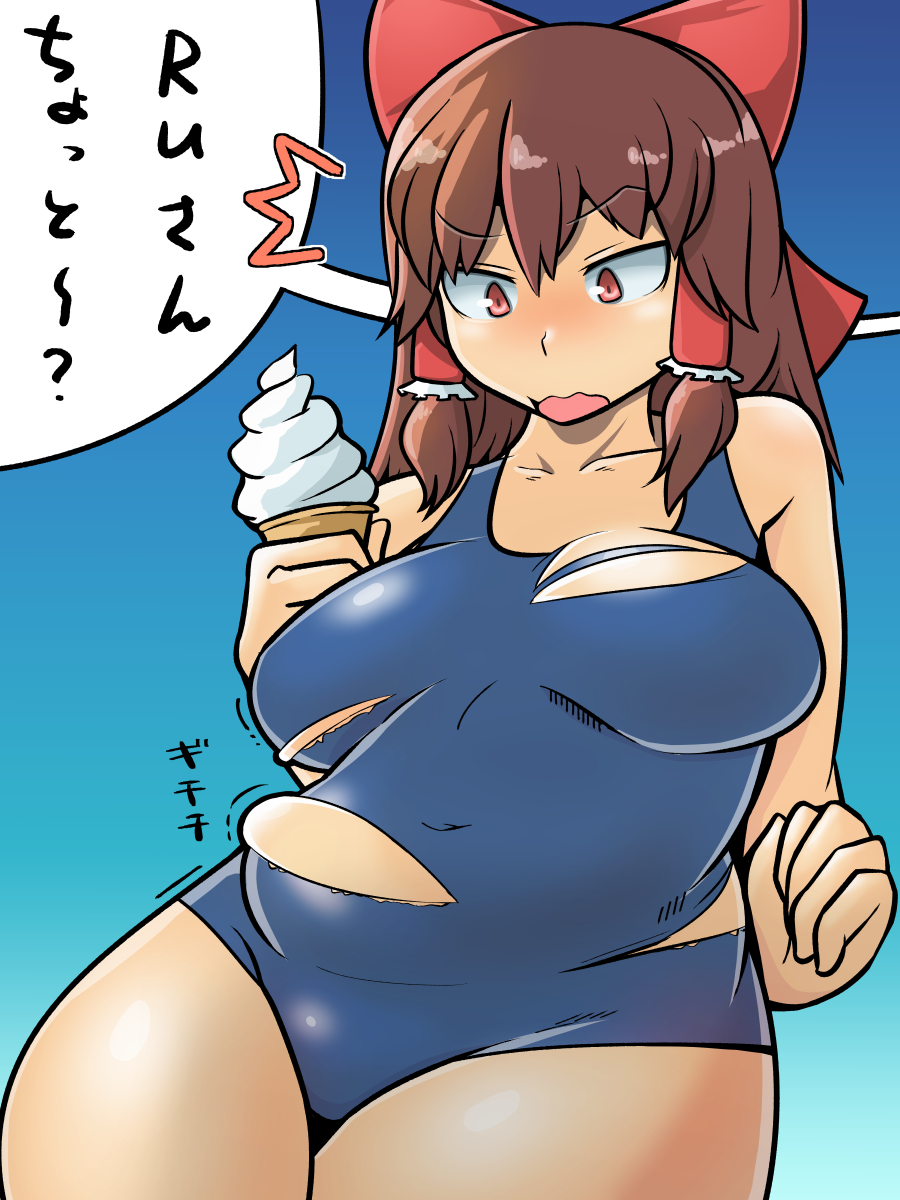 akabeco, belly, blush, bow, breasts, brown_hair, collarbone, cookie_(touhou)