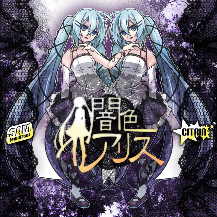 ahoge, aqua_eyes, aqua_hair, asymmetrical_clothes, bare_shoulders, bow, cross-laced_footwear, detached_sleeves