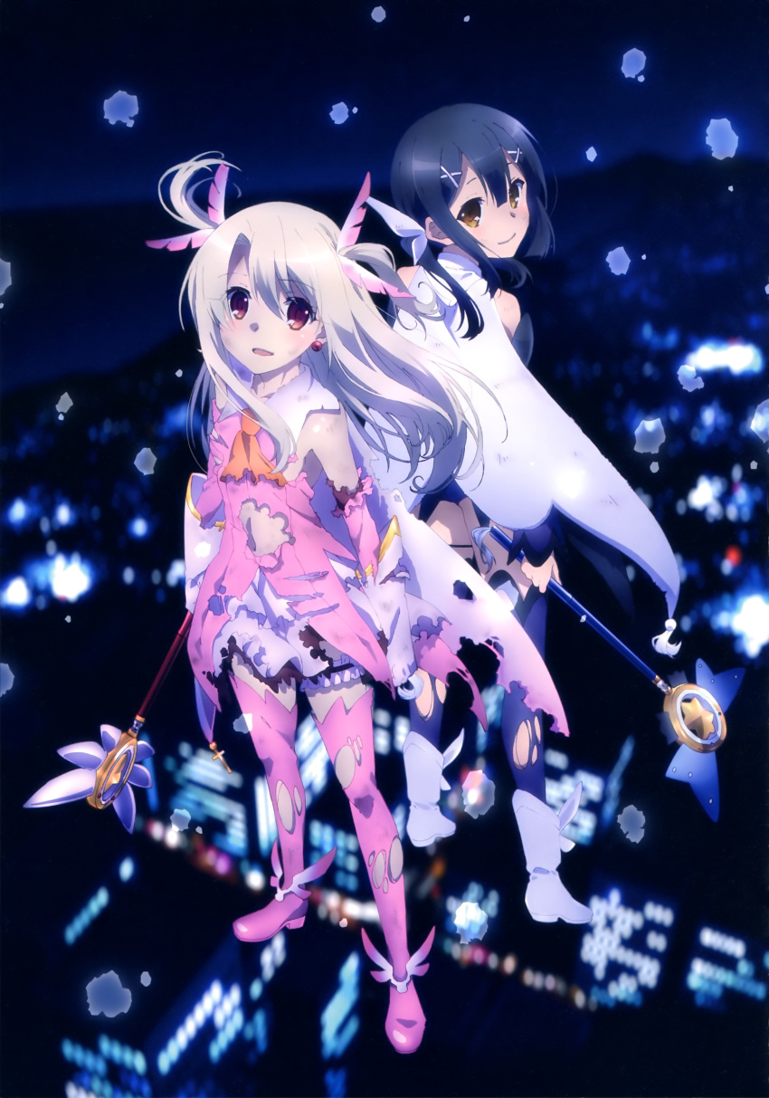 2girls, absurdres, black_hair, boots, brown_eyes, detached_sleeves, dress, earrings