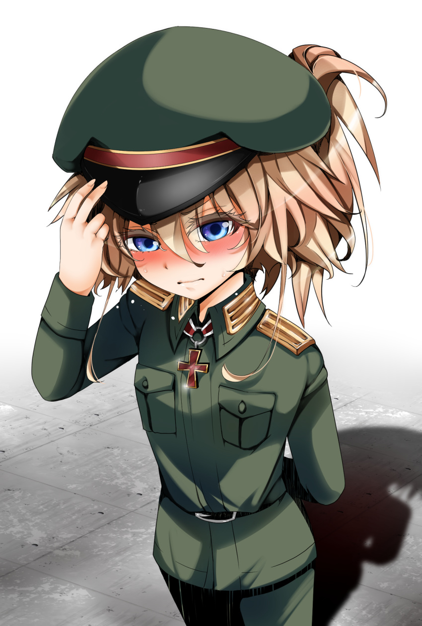 1girl, blonde_hair, blue_eyes, blush, closed_mouth, colored_eyelashes, commentary_request, cowboy_shot
