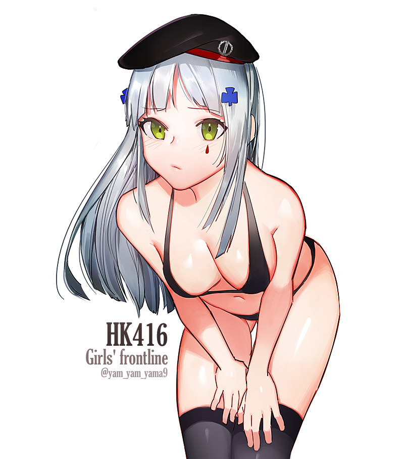 1girl, artist_name, bent_over, beret, bikini, black_bikini, breasts, character_name