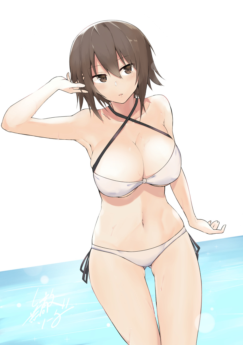 1girl, absurdres, bare_shoulders, bikini, blush, breasts, brown_eyes, brown_hair, cleavage, collarbone, criss-cross_halter, girls_und_panzer, halterneck, hand_in_hair, highres, large_breasts, muteki_souda, navel, nishizumi_maho, open_mouth, shiny, shiny_hair, short_hair, side-tie_bikini, signature, solo, swimsuit, white_bikini