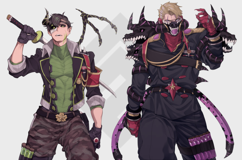 #compass, 2boys, black_gloves, black_hair, black_sclera, brown_hair, cosplay, costume_switch, cowboy_shot, gloves, green_eyes, grey_background, gustav_heydrich, highres, looking_at_viewer, male_focus, mask, military, military_uniform, multiple_boys, open_mouth, ouka_tadaomi, over_shoulder, red_gloves, sandato, scar, simple_background, skin_tight, sword, sword_over_shoulder, uniform, weapon, weapon_over_shoulder