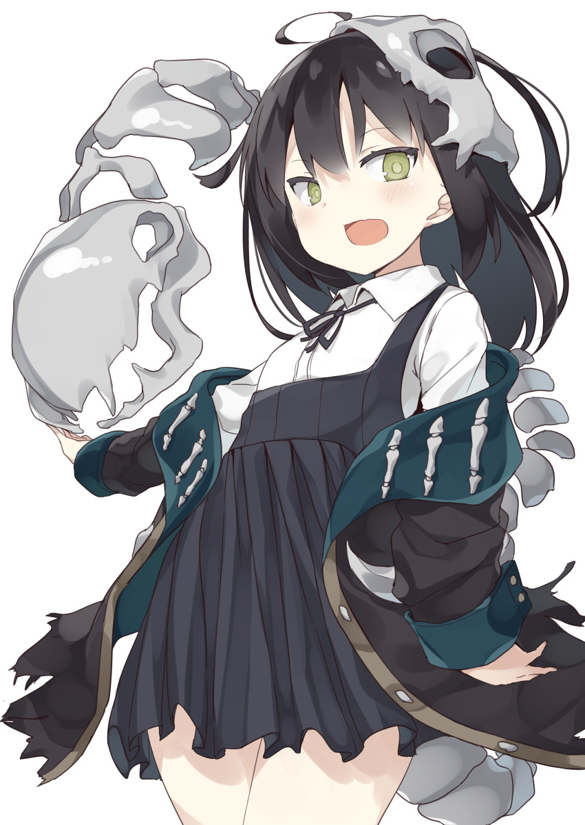 1girl, :d, abarabone, absurdres, ahoge, bangs, black_dress, black_hair, black_ribbon, blush, bone_tail, brave_sword_x_blaze_soul, collared_shirt, cowboy_shot, dress, eyebrows_visible_through_hair, green_eyes, highres, juggernaut_(brave_sword_x_blaze_soul), long_sleeves, looking_at_viewer, neck_ribbon, open_mouth, ribbon, shirt, simple_background, smile, solo, torn_clothes, white_background, white_shirt