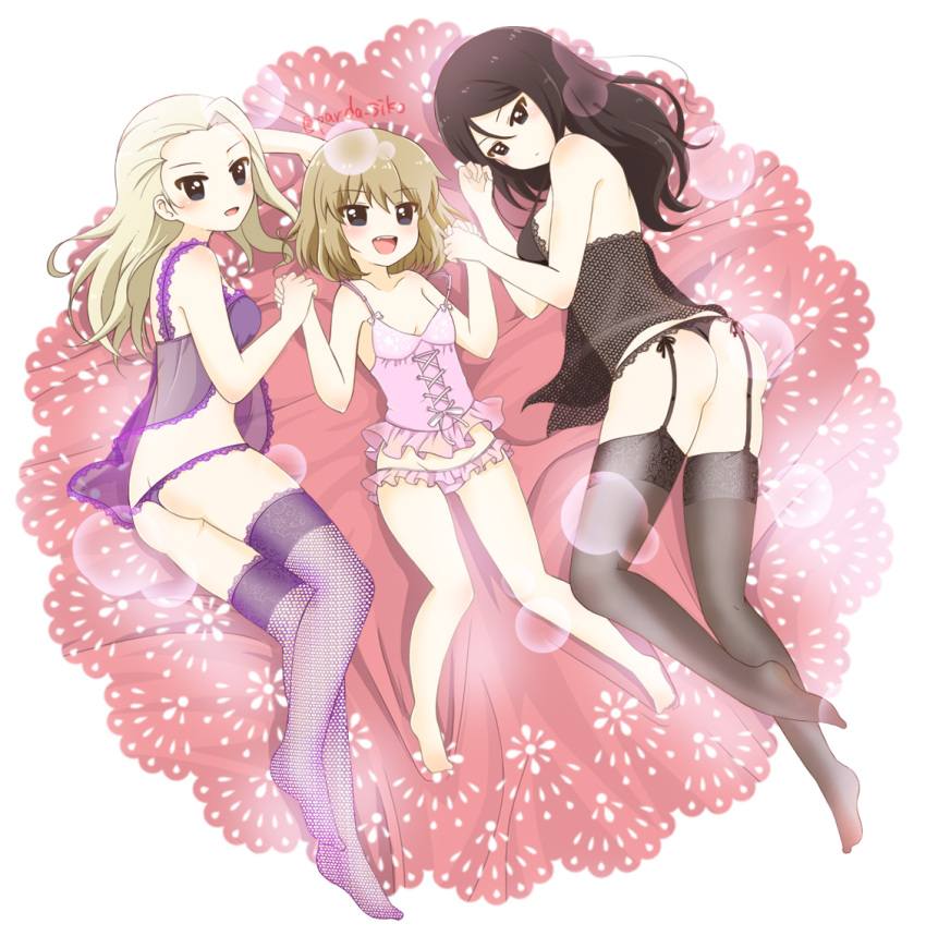 3girls, alternate_costume, bangs, barefoot, black_hair, black_legwear, black_panties, black_shirt