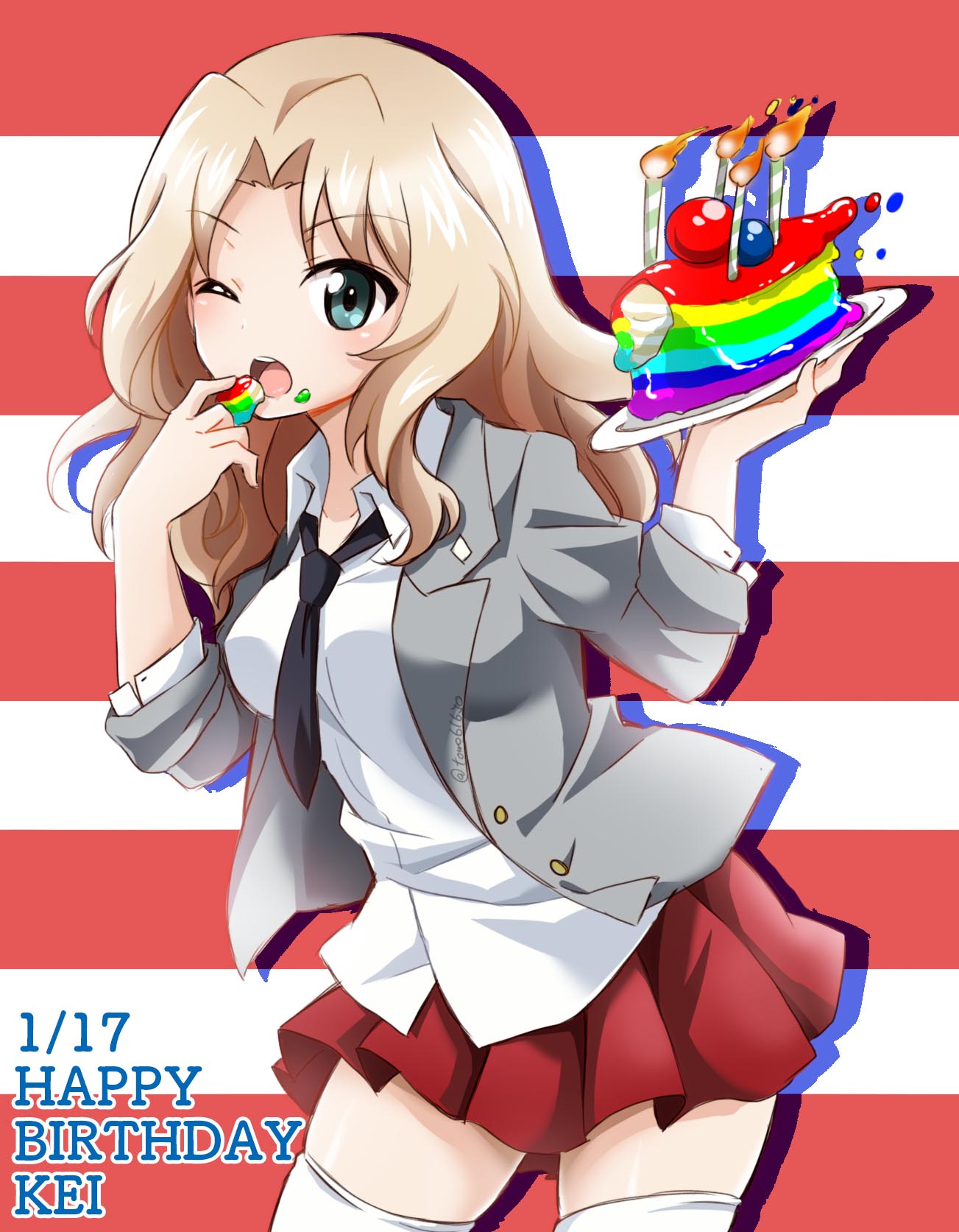 1girl, black_necktie, blazer, blonde_hair, blouse, blue_eyes, cake, candle