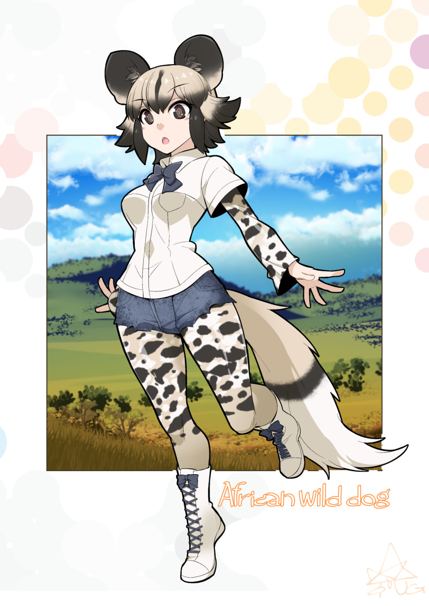 african_wild_dog_(kemono_friends), african_wild_dog_ears, african_wild_dog_tail, animal_ears, boots, commentary_request, denim, denim_shorts