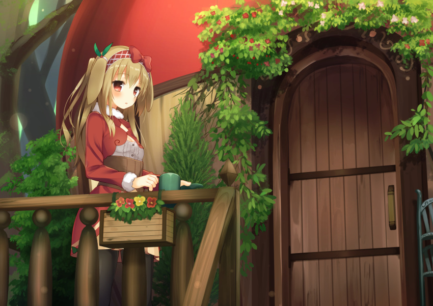 1girl, animal_ears, black_legwear, blush, bow, breasts, commentary_request, dog_ears, dress, eyebrows_visible_through_hair, flower, fur-trimmed_sleeves, fur_trim, hair_bow, hair_over_shoulder, hairband, holding, house, light_brown_hair, light_particles, long_hair, long_sleeves, looking_at_viewer, looking_to_the_side, nature, original, outdoors, pantyhose, parted_lips, railing, red_bow, red_dress, red_eyes, red_shirt, shirt, shrug_(clothing), small_breasts, solo, tareme, tree, two_side_up, usagino_suzu, watering_can, window_box, wooden_door