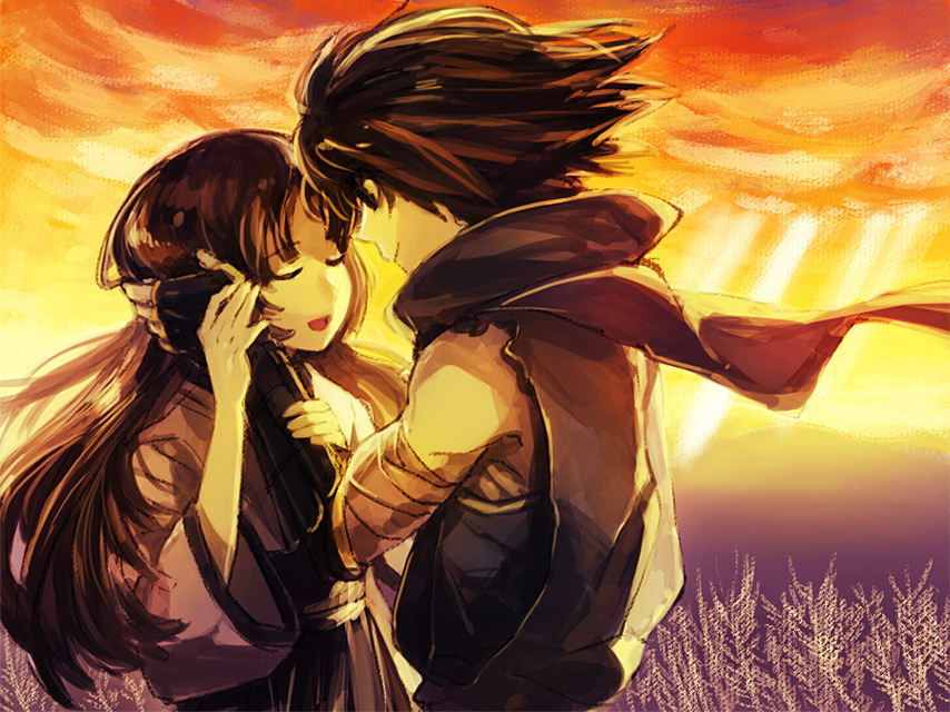 1boy, 1girl, black_hair, chiko_(beroro), couple, hand_on_another's_face, happy, hetero