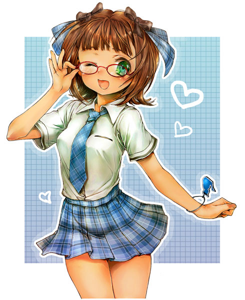 adjusting_glasses, amami_haruka, bracelet, brown_hair, dress_shirt, glasses, green_eyes, hair_ornament, hair_ribbon, heart, idolmaster, jewelry, kiro_(pixiv), laughing, miniskirt, necktie, plaid, plaid_skirt, pleated_skirt, ribbon, rough_time_school, school_uniform, shirt, short_hair, skirt, smile, solo, standing, tartan, wink