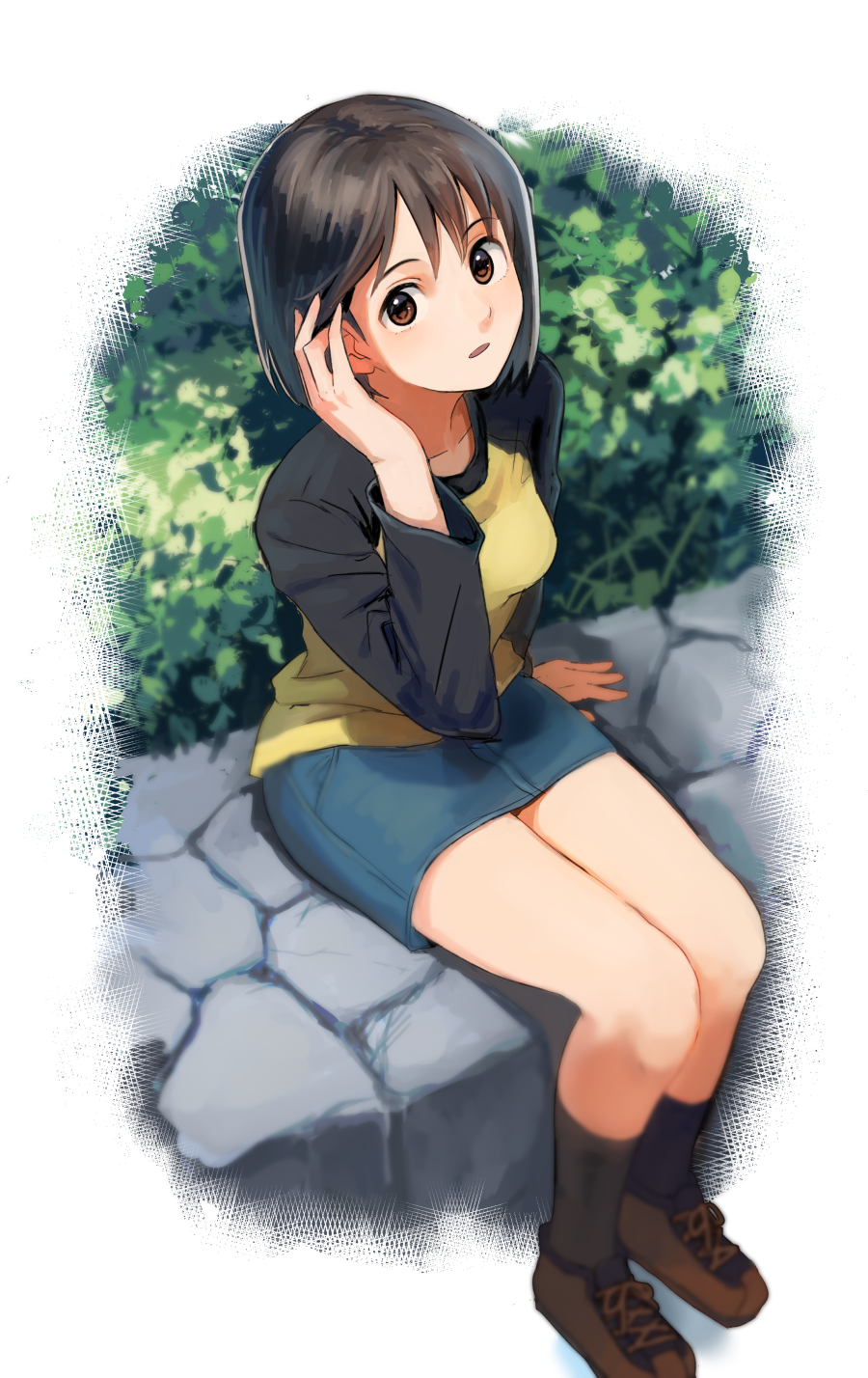1girl, adjusting_hair, bangs, black_hair, bob_cut, brown_eyes, commentary, eyebrows_visible_through_hair, full_body, hair_between_eyes, highres, long_sleeves, looking_at_viewer, miniskirt, nakahara_misaki, nashigaya_koyomi, nhk_ni_youkoso!, open_mouth, outdoors, raglan_sleeves, shoes, short_hair, sitting, sitting_on_wall, skirt, socks, solo, stone_wall, wall