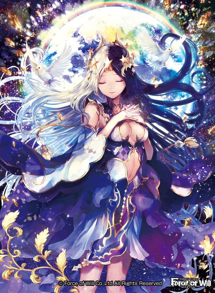 1girl, bird, black_hair, center_opening, closed_eyes, copyright_name, crystal, force_of_will, gem, long_hair, lumia_(force_of_will), multicolored_hair, natsuiro_xx, navel, official_art, planet, solo, sparkle, star, tiara, two-tone_hair, white_hair