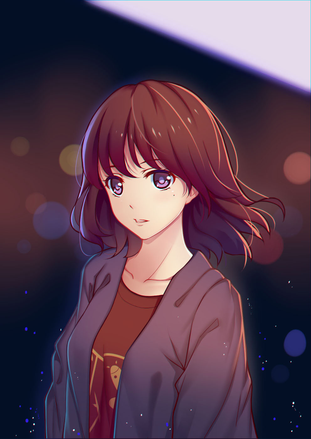 1girl, aira5, arms_at_sides, bangs, breasts, brown_hair, brown_shirt, collarbone