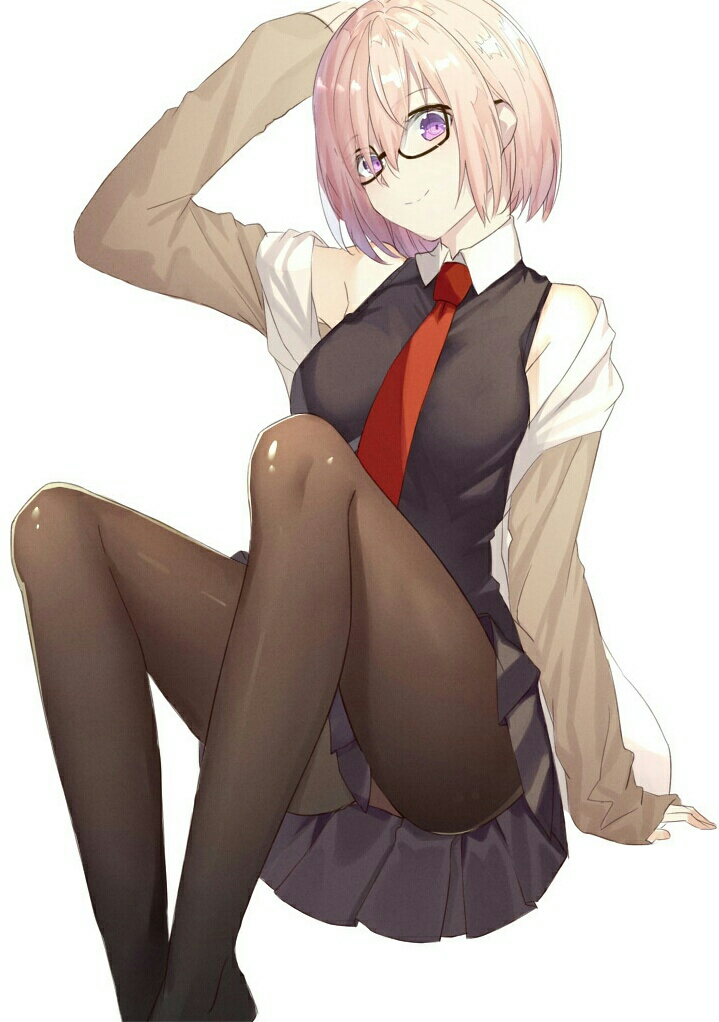1girl, alternate_costume, arm_support, bangs, bare_shoulders, black-framed_eyewear, black_legwear, black_shirt, black_skirt, breasts, closed_mouth, collared_shirt, ellenprince181, eyebrows_visible_through_hair, fate/grand_order, fate_(series), glasses, hair_between_eyes, hair_ornament, hair_over_one_eye, hand_up, hood, hood_down, hooded_jacket, hoodie, jacket, long_sleeves, looking_at_viewer, medium_breasts, necktie, off_shoulder, open_clothes, open_hoodie, pantyhose, pink_hair, pleated_skirt, ponytail, purple_hair, red_necktie, shielder_(fate/grand_order), shiny, shiny_clothes, shiny_hair, shirt, short_hair, simple_background, sitting, skirt, sleeveless, sleeveless_shirt, sleeves_past_wrists, smile, solo, upper_body, violet_eyes, white_background, wing_collar