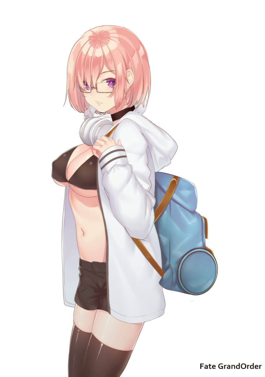 1girl, backpack, bag, bangs, bikini_top, black-framed_eyewear, black_bikini_top, black_choker