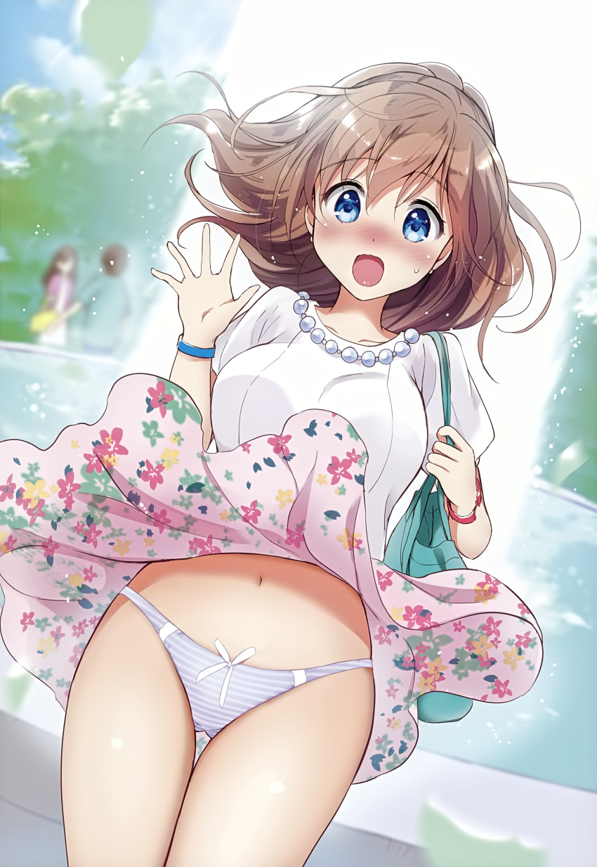 1girl, absurdres, bag, bangs, blue_eyes, blue_sky, blush, bow
