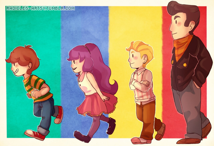 1girl, 3boys, bangs, belt, biker_clothes, black_jacket, blonde_hair, blush, brown_hair, brown_legwear, child, denim, dress, floyd_(mother_4), frills, full_body, hair_ornament, headband, jacket, jeans, leo_(mother_4), long_hair, meryl_(mother_4), mother_4, multiple_boys, older, open_mouth, pants, pantyhose, pompadour, purple_hair, shirt, shoes, short_hair, simple_background, smile, sneakers, striped, t-shirt, travis_(mother_4), watermark