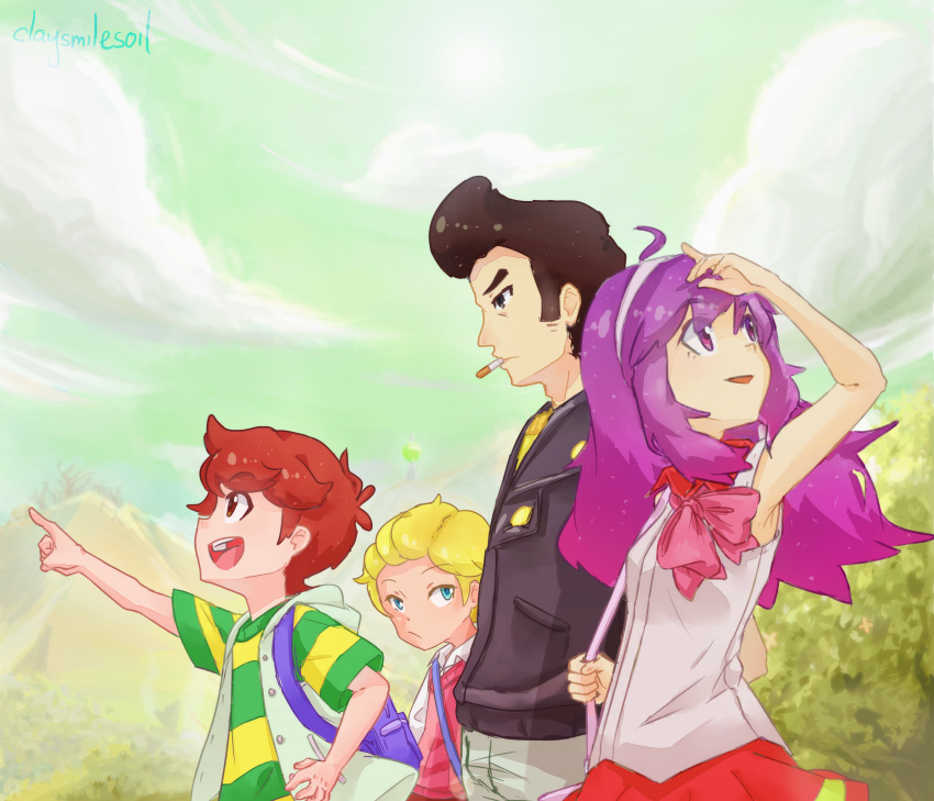 1girl, 3boys, absurdres, ahoge, bangs, biker_clothes, black_hair, black_jacket, blonde_hair, brown_hair, child, clouds, denim, dress, floyd_(mother_4), frills, hair_ornament, headband, highres, jacket, jeans, leo_(mother_4), meryl_(mother_4), mother_4, multiple_boys, older, open_mouth, pants, plains, pompadour, purple_hair, ribbon, travis_(mother_4)