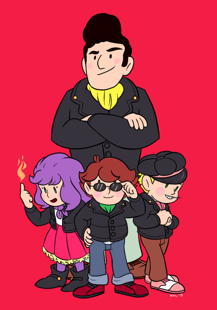 1girl, 3boys, belt, belt_buckle, biker_clothes, black_hair, black_jacket, blonde_hair