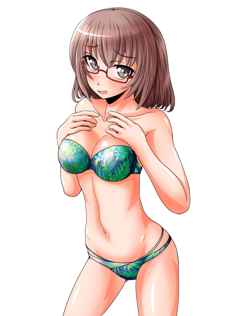 1girl, bang_dream!, bikini, brown_eyes, brown_hair, cowboy_shot, fue_(fuef), glasses