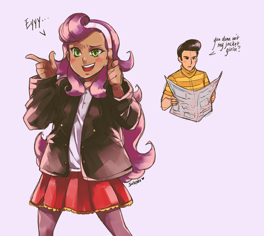 1girl, black_jacket, blush, dress, finger_gun, frills, headband, jacket