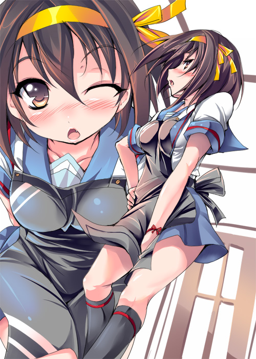 blush, brown_eyes, brown_hair, open_mouth, shiranagi, suzumiya_haruhi, suzumiya_haruhi_no_yuuutsu