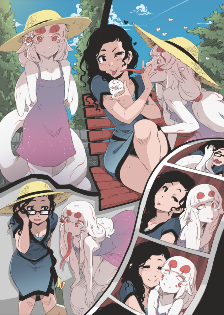 2girls, ;p, ad-6-0001a, arms_behind_back, bench, black_hair, blue_sky, cheek-to-cheek