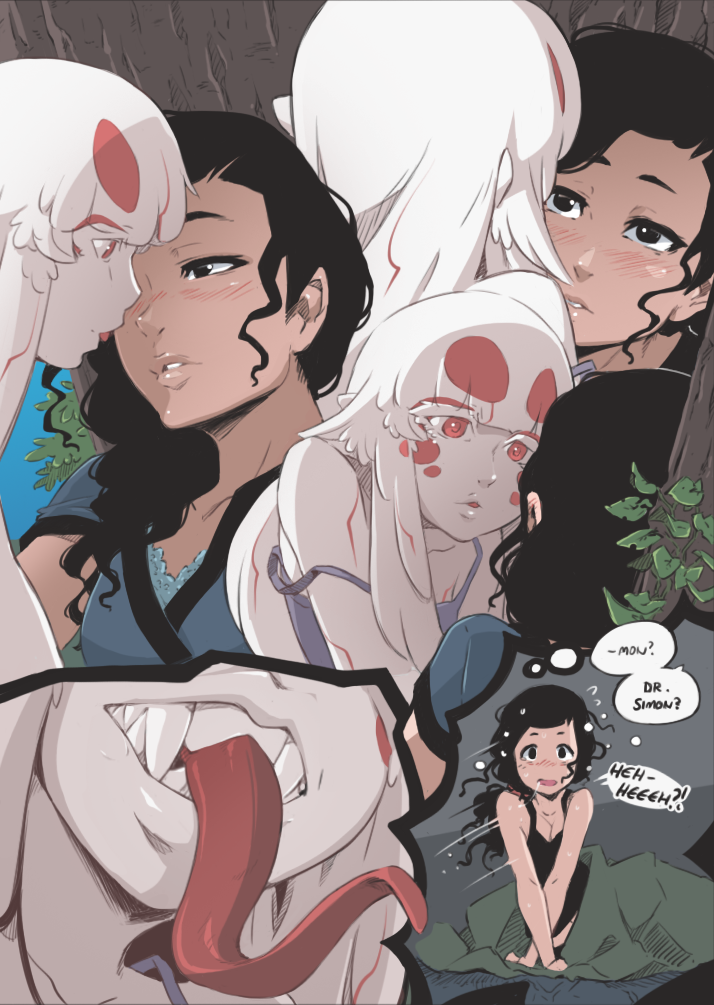 2girls, ad-6-0001a, alien, black_eyes, black_hair, blush, dr._m.s., dreaming