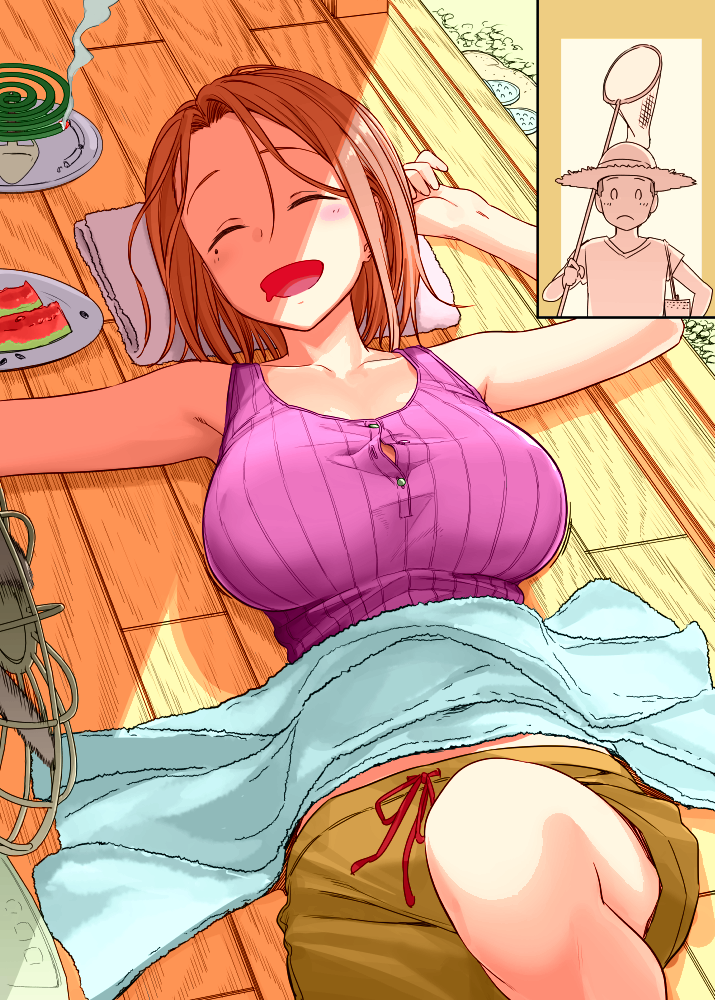 1boy, 1girl, :d, bangs, breasts, closed_eyes, colorized, drooling