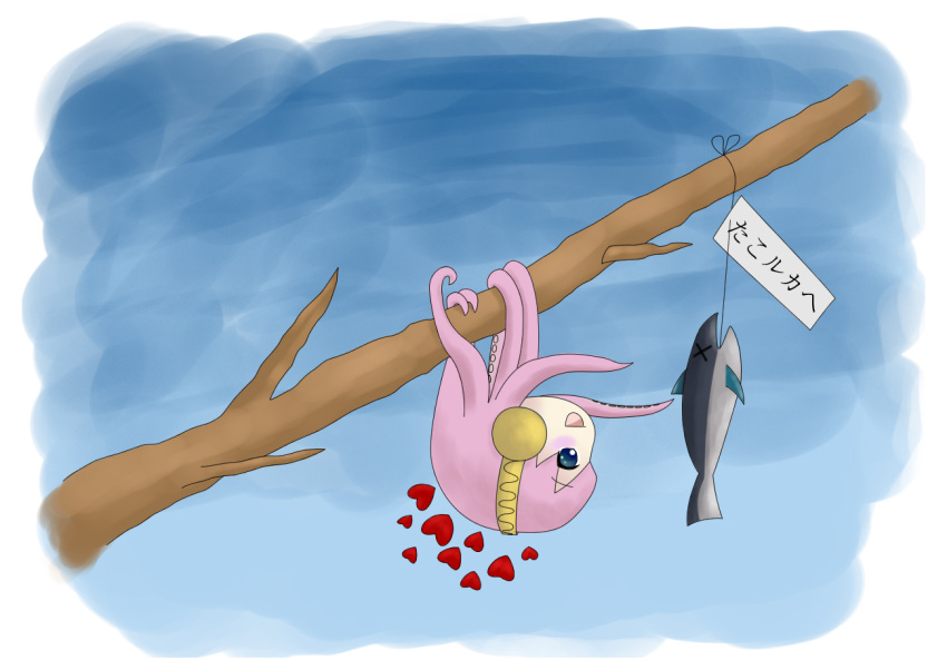 :d, blue_eyes, blush, branch, fish, hanging, heart, megurine_luka
