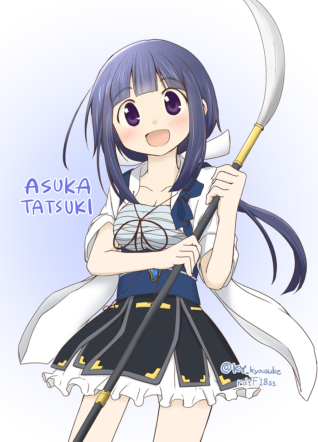 1girl, :d, bangs, black_skirt, blue_hair, blunt_bangs, breasts, character_name