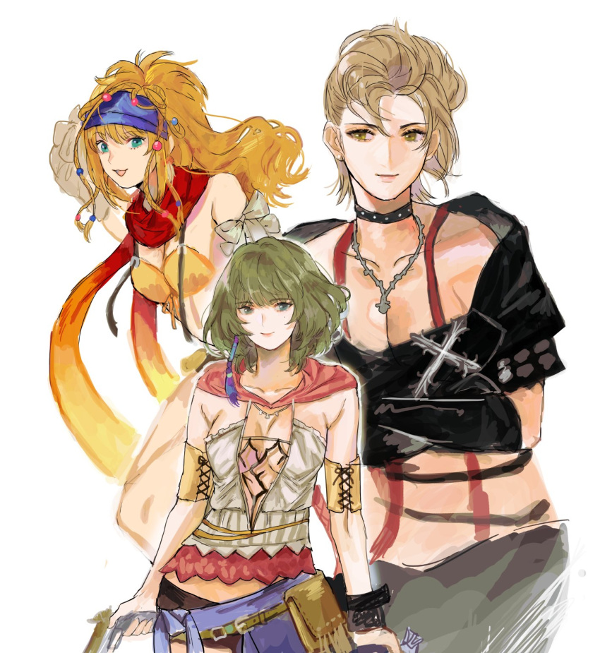 3girls, bandanna, bikini_top, blonde_hair, breasts, choker, cleavage, cosplay