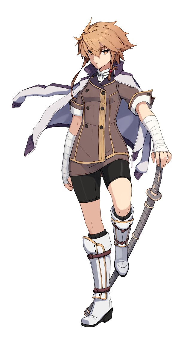 1girl, bandaid, bike_shorts, boots, brown_hair, full_body, holding, holding_sword