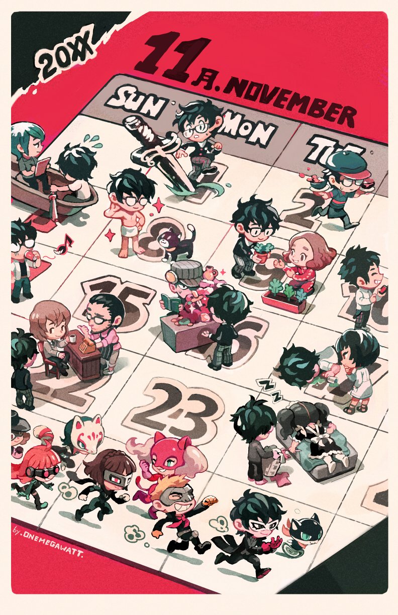 6+boys, 6+girls, akechi_gorou, artist_name, bed, boat, calendar, chibi
