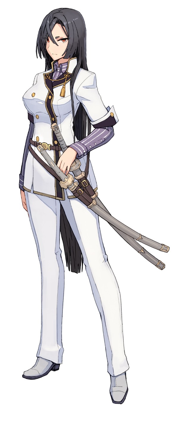 1girl, black_hair, full_body, highres, katana, long_hair, official_art, origami_yukari, red_eyes, sheath, sheathed, shizuma_yoshinori, solo, sword, toji_no_miko, very_long_hair, weapon, white_background