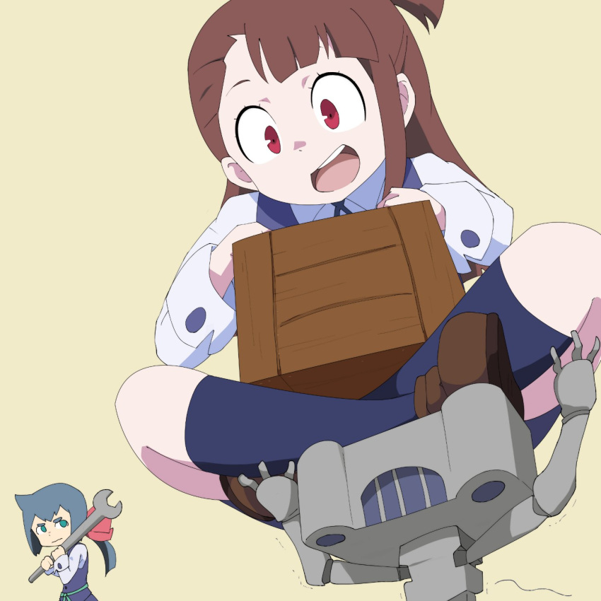 2girls, asymmetrical_bangs, bangs, blunt_bangs, bow, box, brown_hair, carrying