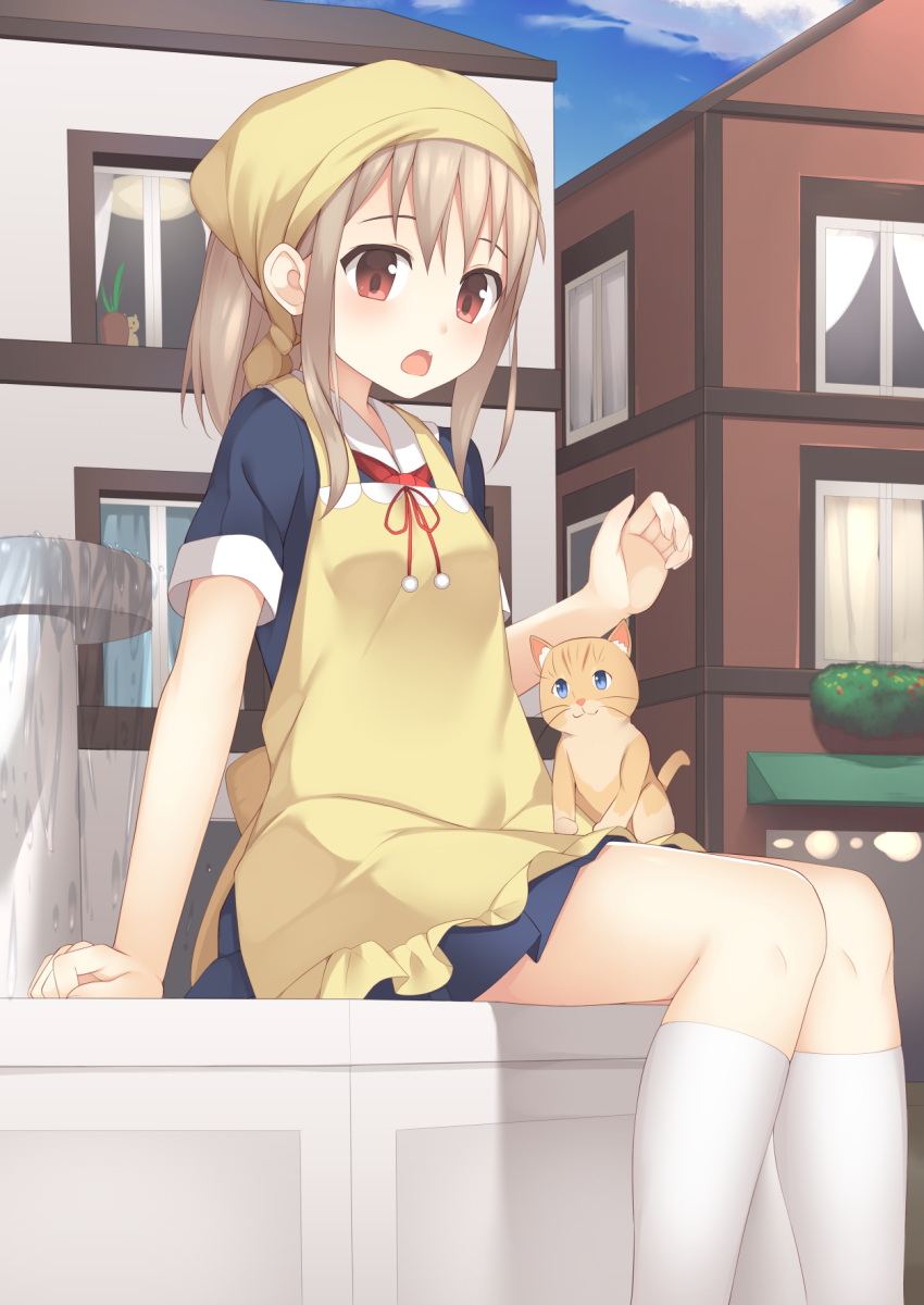 1girl, animal, animal_on_lap, apron, arm_support, bangs, blue_eyes, blue_skirt, blue_sky, blush, building, cat, cat_on_lap, ceiling_light, clouds, collared_shirt, commentary_request, curtains, day, fang, flower, fountain, frilled_apron, frills, hair_between_eyes, head_scarf, highres, house, kneehighs, knees_together_feet_apart, light_brown_hair, long_hair, open_mouth, original, outdoors, plant, pleated_skirt, pom_pom_(clothes), potted_plant, red_ascot, red_eyes, red_ribbon, ribbon, shirt, short_sleeves, sidelocks, sitting, skirt, sky, solo, tareme, usagino_suzu, water, white_legwear, window, window_box, yellow_apron