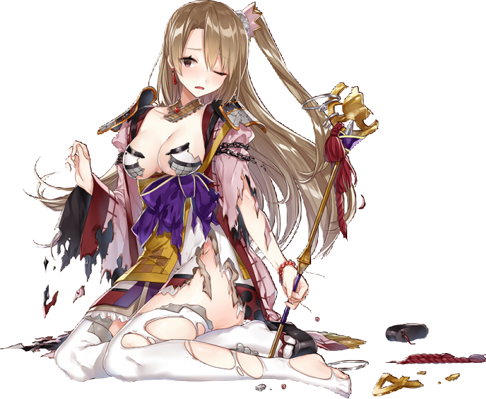 1girl, ass, breasts, broken_staff, brown_eyes, cleavage, d;, full_body