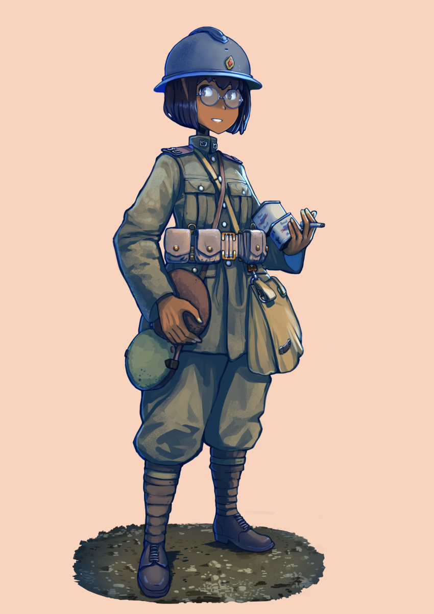 1girl, bag, black_hair, canteen, dark_skin, erica_(naze1940), glasses, helmet