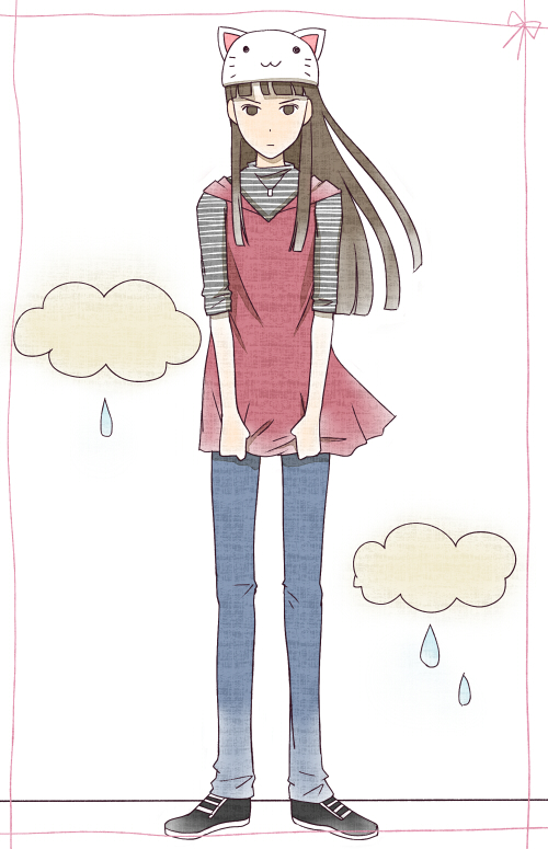 1girl, animal_hat, brown_hair, cat_hat, cathat, cloud, clouds, female, hat, rain, saki_mahiro, samurai_sentai_shinkenger, shiraishi_mako, solo, super_sentai, toeto, toeto_(vocaloid), vocaloid