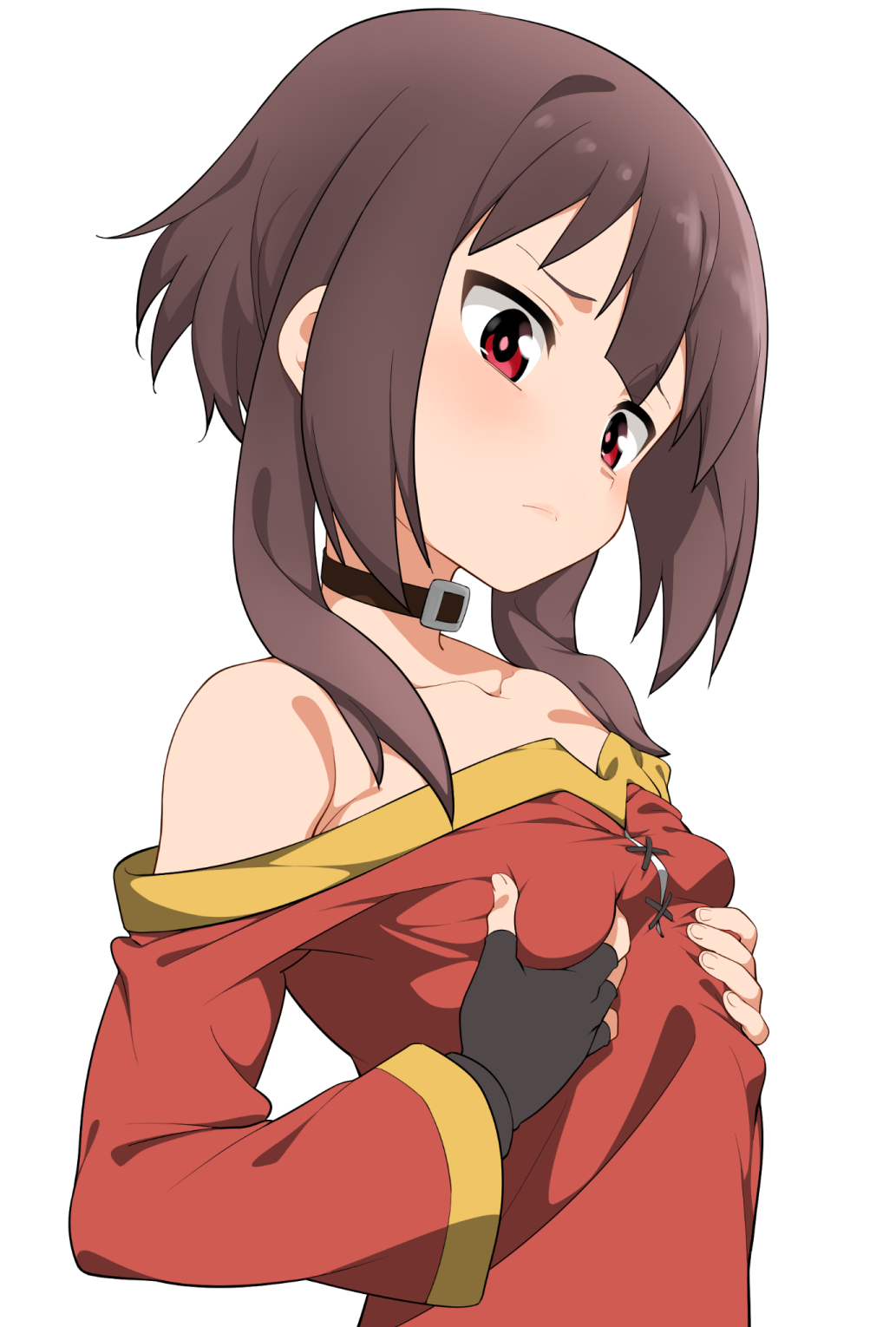 1girl, bare_shoulders, breast_conscious, breasts, brown_hair, choker, commentary, fingerless_gloves