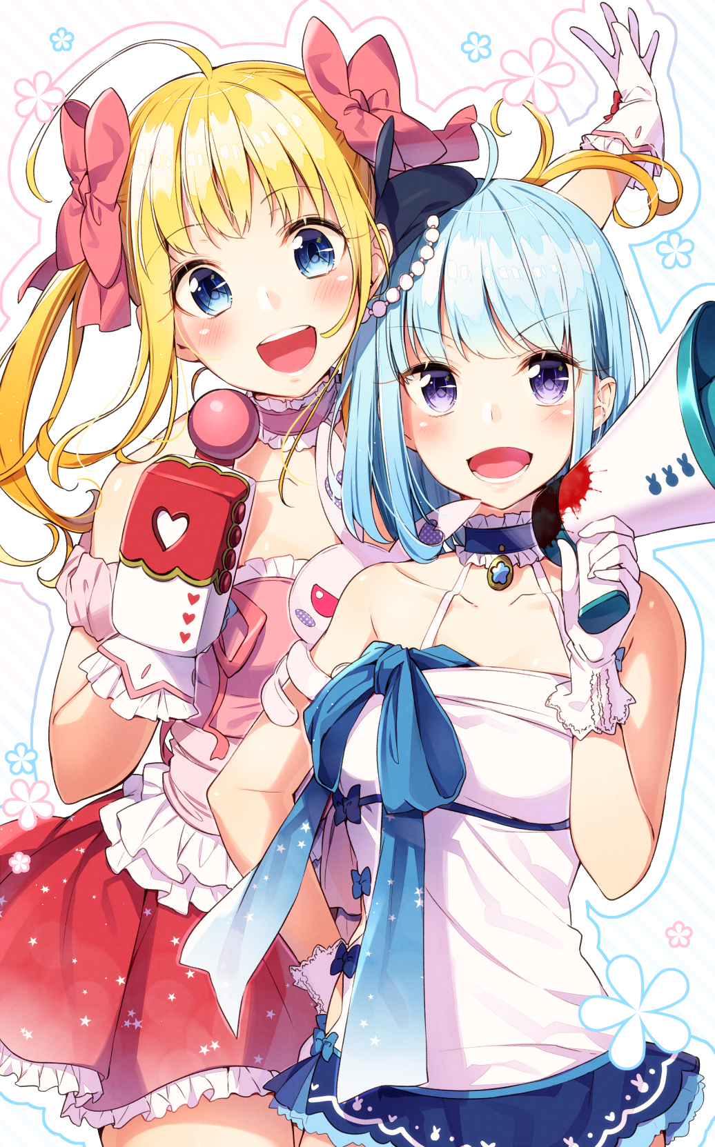 2girls, ahoge, bare_shoulders, blonde_hair, blood, blood_splatter, blue_eyes, blue_hair