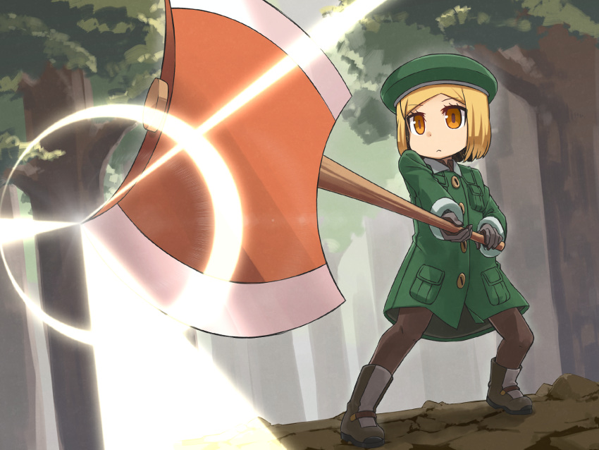 1girl, axe, beret, black_gloves, blonde_hair, boots, brown_eyes, fate/grand_order