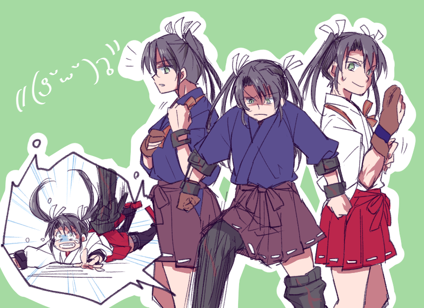bow_(weapon), camouflage, gmgt_(gggggg3), green_eyes, green_hair, hair_ribbon, hakama_skirt, japanese_clothes
