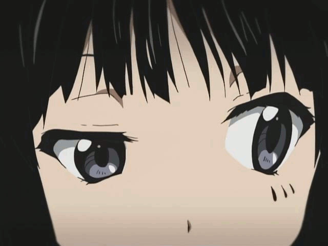 1girl, akiyama_mio, animated, animated_gif, black_hair, don't_say_"lazy", don't_say_lazy, eyes, gif, grey_eyes, k-on!, looking_back, shifty_eyes, solo, uneven_eyes
