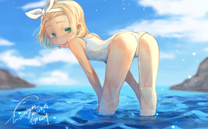 1girl, all_fours, amy7996659, ass, bent_over, blonde_hair, character_name, from_behind